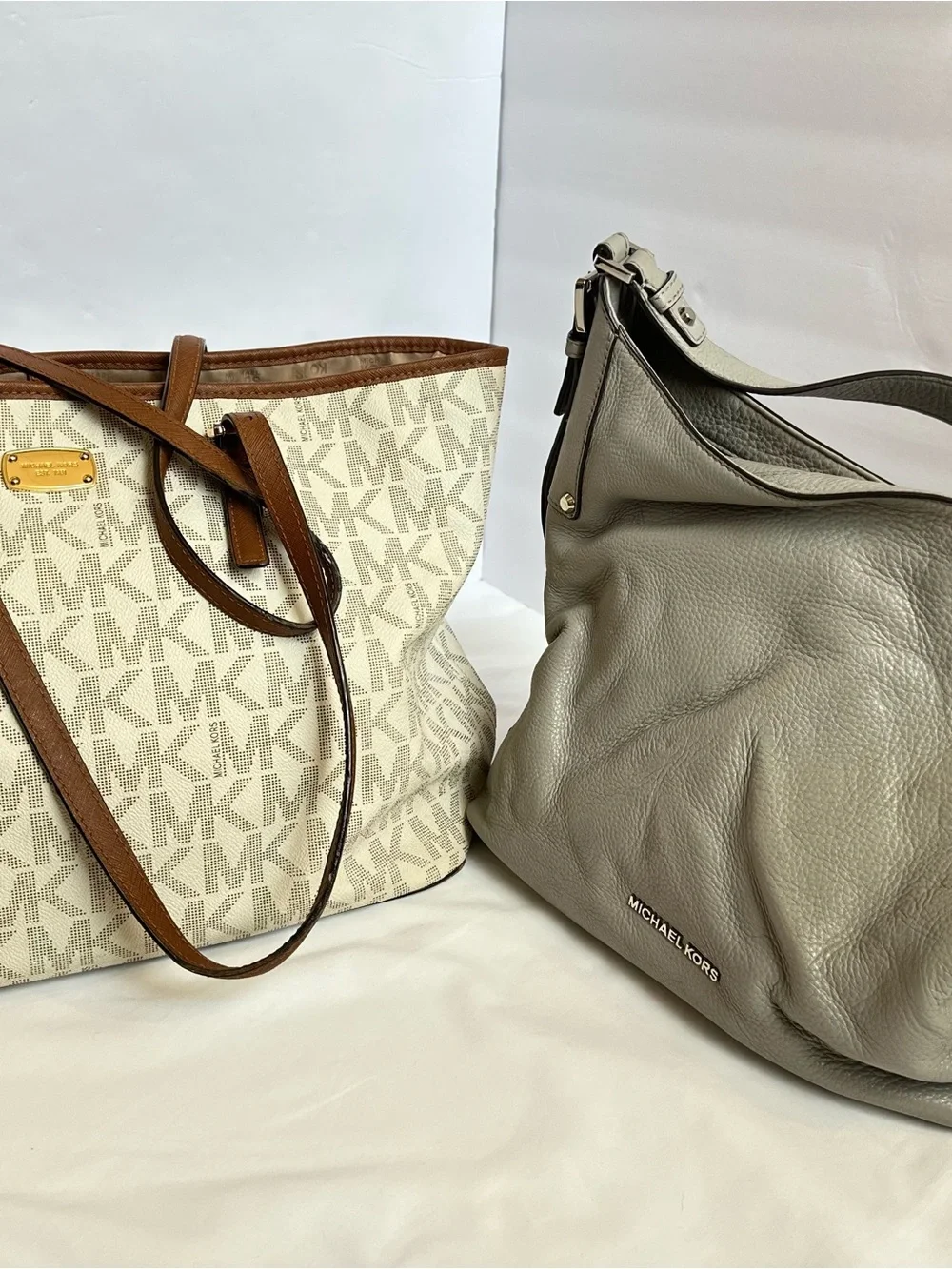 Bundle (2)Michael Kors Cream Logo Tote and Taupe Leather Hobo